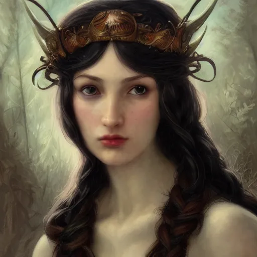 Image similar to a fantasy comic book style portrait painting of a beautiful woman with pale skin and long black hair, mystical valkyrie, francois boucher, oil painting, unreal 5, hyperrealistic, octane render, regal, refined, detailed digital art, rpg portrait, william - adolphe bouguereau, michael cheval, walt disney, steampunk, dynamic lighting, highly detailed, unreal engine