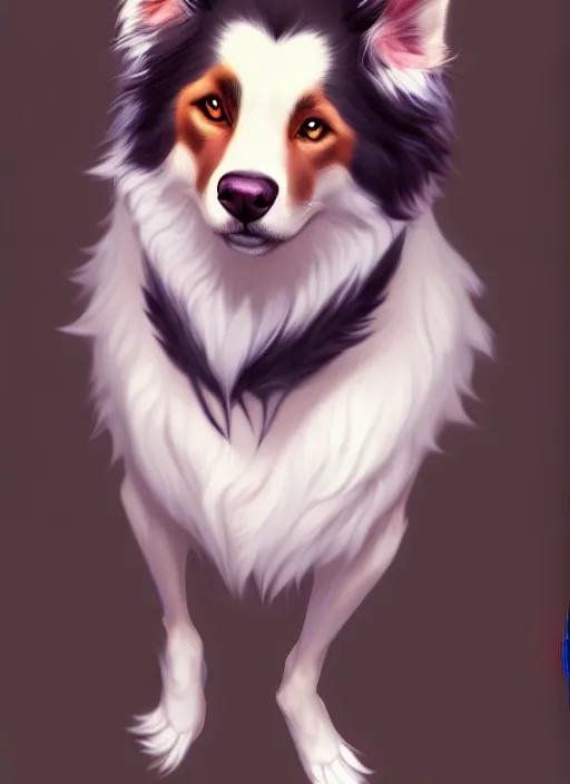 Image similar to wide angle beautiful full body portrait of a cute male anthropomorphic anthro border collie fursona, character design by charlie bowater, henry asencio, and ross tran, furry art, furaffinity, beautiful, glamor pose, detailed, aesthetic, trending on artstation