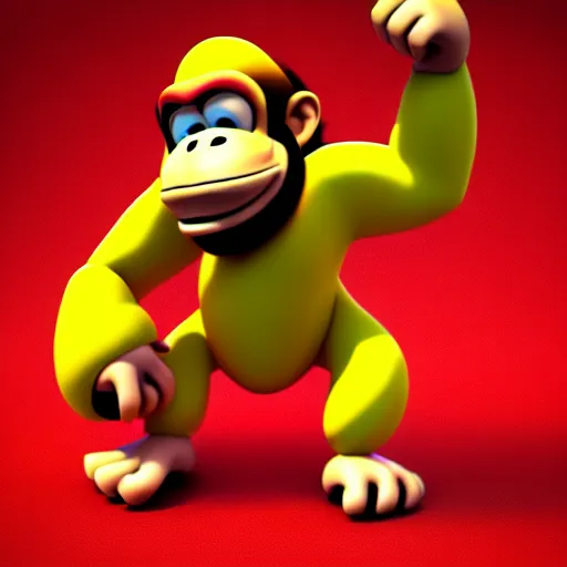 Image similar to Donkey Kong stepping on a banana. The banana is on the ground, Donkey Kong is above the banana. 3D render