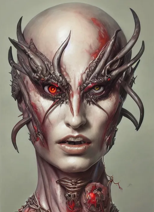 Prompt: a hyper detailed full face portrait of human transforming into the queen of blades, diablo 4 lilith, sideshow figurines, by dorian cleavenger, greg rutkowski, wlop, astri lohne, zdzisław beksinski trending on artstatio