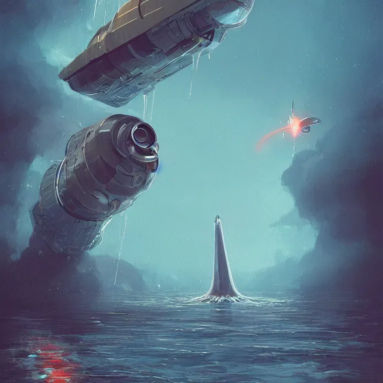 Image similar to mechanical spaceship nautilus dripping wet emerging from a the ocean, launching to space, big booster rocket engines, sci - fi concept art, by john harris, by simon stalenhag, stunning, award winning