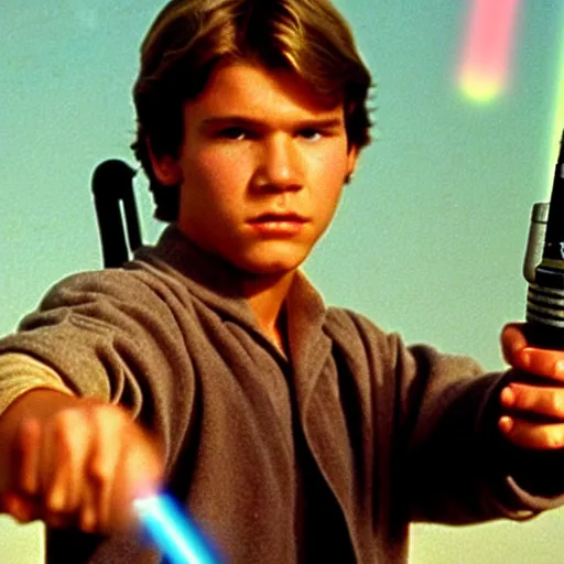 Image similar to A full color still from a film of a teenage Han Solo as a Jedi padawan holding a lightsaber hilt, from The Phantom Menace, directed by Steven Spielberg, 35mm 1990