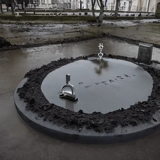 Prompt: The kinetic sculpture shows a grave that has been flooded with water. The grave is located in a cemetery in Italy. The water in the grave is dirty and there is trash floating in it. The grave is surrounded by a fence. cyberpunk by Zaha Hadid, by Tibor Nagy balmy