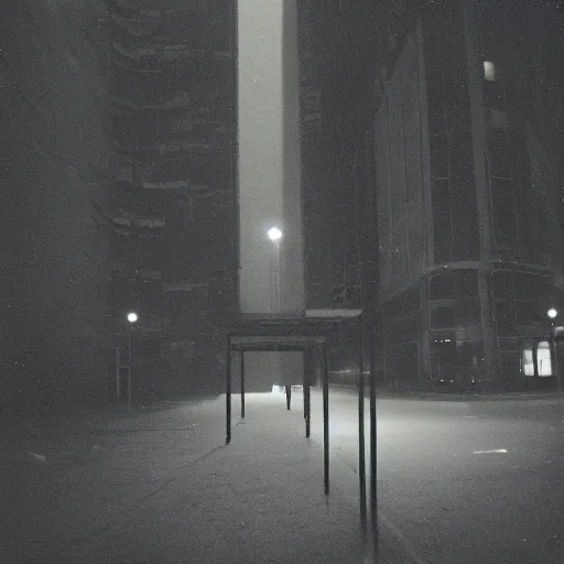 Image similar to taken using a film camera with 35mm expired film, bright camera flash enabled, urban city at night, slightly foggy, creepy, liminal space,