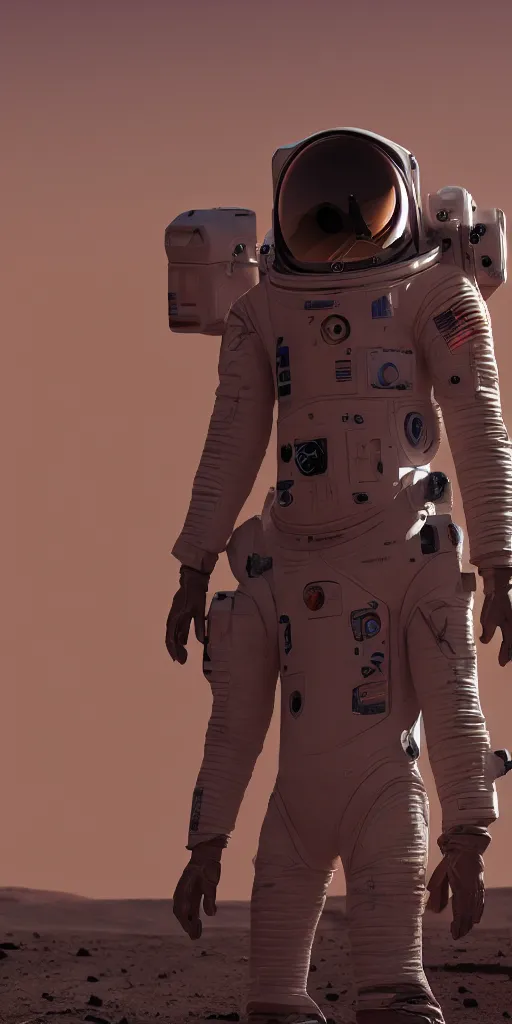 Image similar to concept art, american landing on mars, musk's mars migration program, new lightweight spacesuit, cyberpunk, backlight, epic, high detail, 8 k, octane rendering, unreal engine.