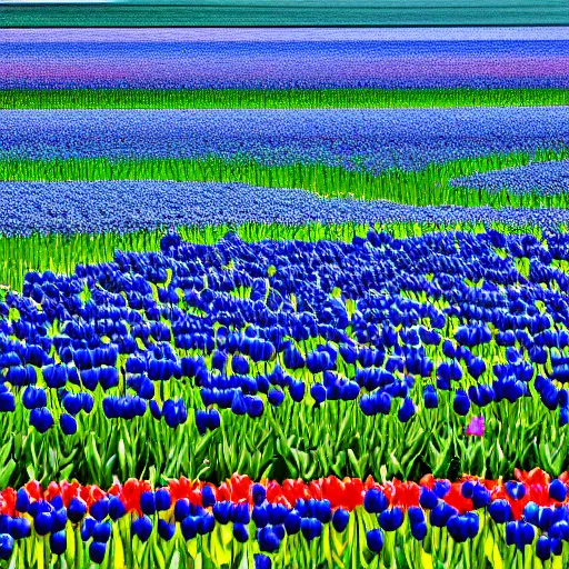 Image similar to A 4k photo of a field of tulips, blue skies, high contrast, early morning