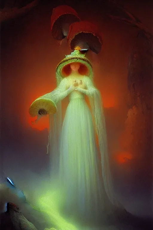 Prompt: illustration of a beautiful fungal priestess, hyperrealistic art by Ivan Aivazovsky