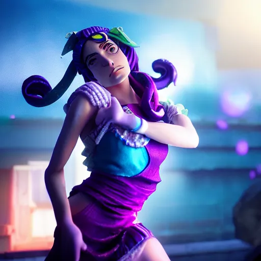 Image similar to photorealistic cinematic scene with jolyne from jojo's bizarre adventure, live action film, stone ocean, dramatic, small details, volumetric lighting, still frame