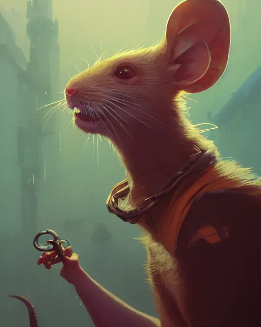 Image similar to highly detailed vfx portrait of a rat, unreal engine, greg rutkowski, loish, rhads, beeple, makoto shinkai and lois van baarle, ilya kuvshinov, rossdraws, tom bagshaw, alphonse mucha, global illumination, detailed and intricate environment