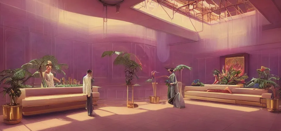 Image similar to vaporwave ombre detailed luxury hotel lobby. highly detailed, digital painting, artstation, concept art, smooth, sharp focus, illustration, ed hopper, chris moore. artgerm, tomasz alen kopera, peter mohrbacher, donato giancola, joseph christian leyendecker, wlop, boris vallejo