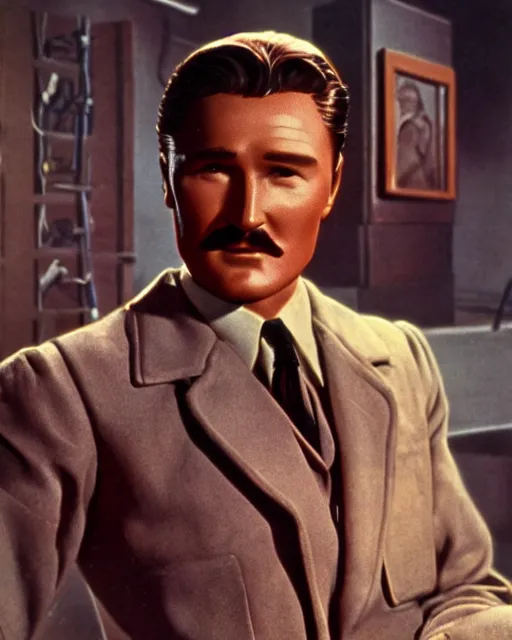 Image similar to Errol Flynn as a scientist. 1980s dystopian Soviet Russia, propaganda screens. Unreal engine, fantasy art by Peter Lerner. Faithfully depicted facial expression, perfect anatomy global illumination, radiant light, detailed and intricate environment