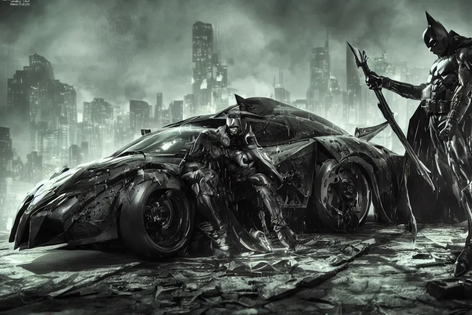 Prompt: The Batman Who Laughs and His Psycho Batmobile, hyperrealistic, octane render, HDR, Yaushi Nirasawa Style