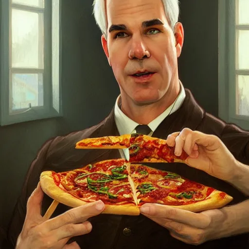 Image similar to portrait of Steve Martin eating pizza, highly detailed, digital painting, artstation, concept art, sharp focus, illustration, art by artgerm and greg rutkowski and alphonse mucha