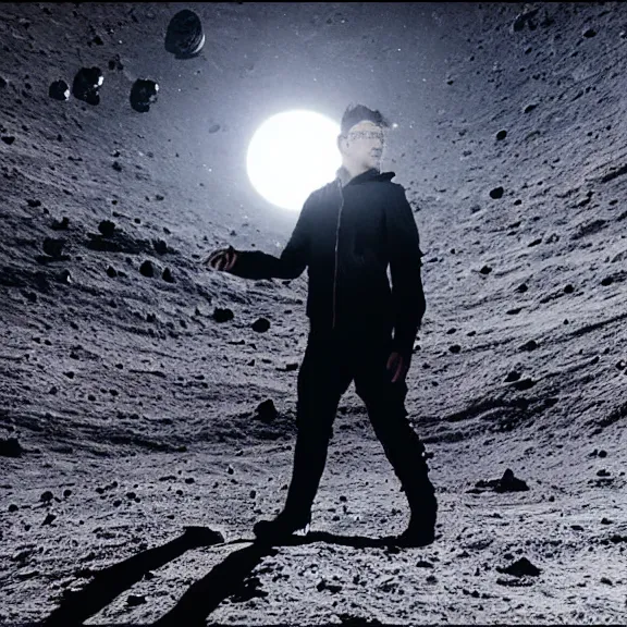 Prompt: dustin bates from starset band doing an epic cinematic pose on the moon, incredibly highly detailed, my demons video, masterpiece