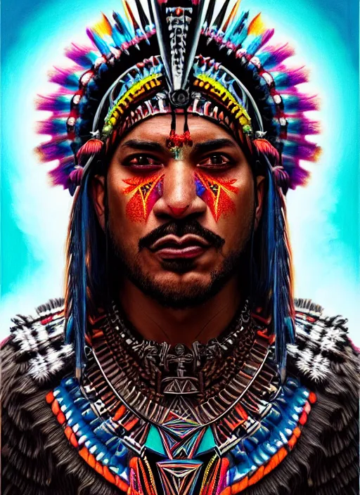 Image similar to portrait of laz alonso, hyper detailed ultra sharp aztec shaman warrior. trending on artstation, warpaint aesthetic, bloodwave, colorful, psychedelic, ornate, intricate, digital painting, concept art, smooth, sharp focus, illustration, art by artgerm and greg rutkowski and h. r. giger, 8 k