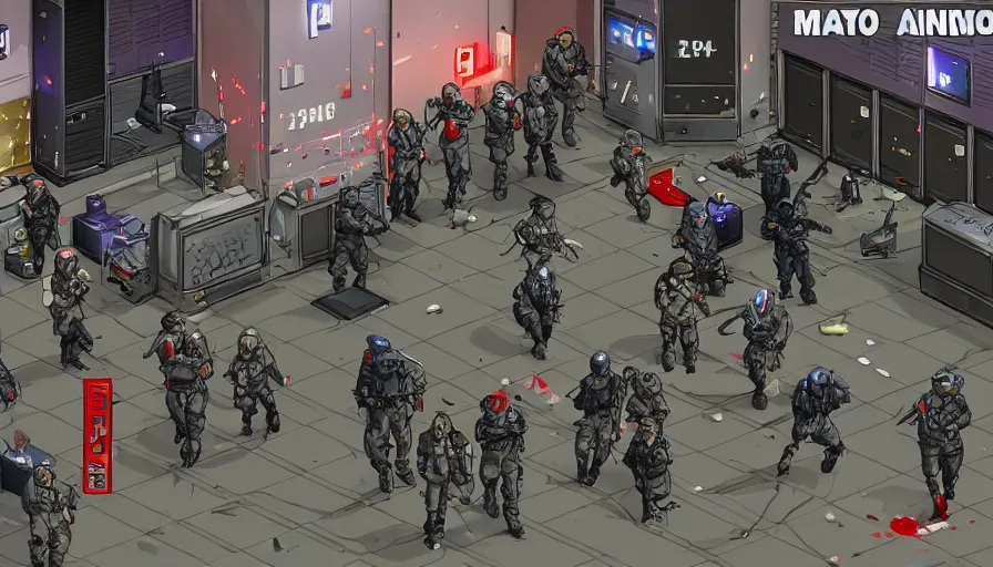 Prompt: 1994 Video Game Screenshot, Anime Neo-tokyo Cyborg bank robbers vs police, Set inside of the Bank Lobby, Multiplayer set-piece in bank lobby, Tactical Squad :9, Police officers under heavy fire, Police Calling for back up, Bullet Holes and Blood Splatter, :6 Smoke Grenades, Riot Shields, Large Caliber Sniper Fire, Chaos, Anime Cyberpunk, Anime Bullet VFX, Machine Gun Fire, Violent Gun Action, Shootout, Escape From Tarkov, Intruder, Payday 2, 8k :4 by Katsuhiro Otomo: 9