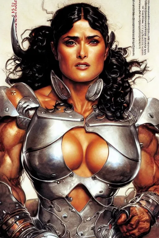 Image similar to muscular beautiful salma hayek wearing silver armor tombow artwork greg staples , dug stanat, norman rockwell , christophe young eytan zana , rumiko takahashi ,