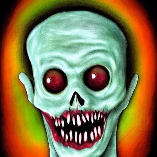 Prompt: smiling zombie portrait, digital art