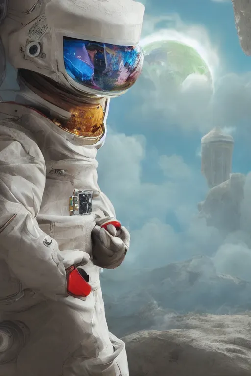 Prompt: a lonely chicken wearing a space suit without helmet in a alien planet, profile picture, digital art, concept art, trending on DeviantArt, highly detailed, high quality, 4K, cartoon, high coherence, path traced, blue sky in the background, octane render, digital painting, no helmet, masterpiece, anatomically correct, hyperrealistic