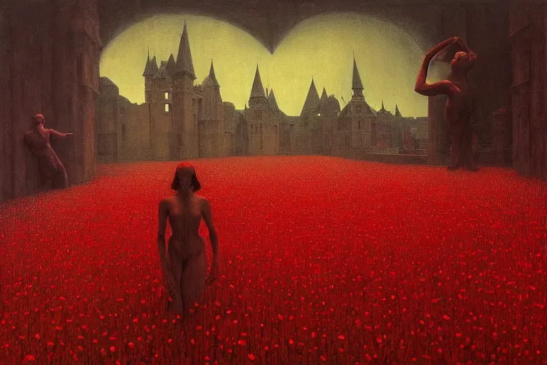 Image similar to only with red, red flowers of different types, a red tiger, a castle in the background, medieval demons dance over the flowers, an ancient path, in the style of beksinski, part by hopper, part by rodcenko, part by hofbauer, intricate composition, red by caravaggio, insanely quality, highly detailed, masterpiece, red light, artstation