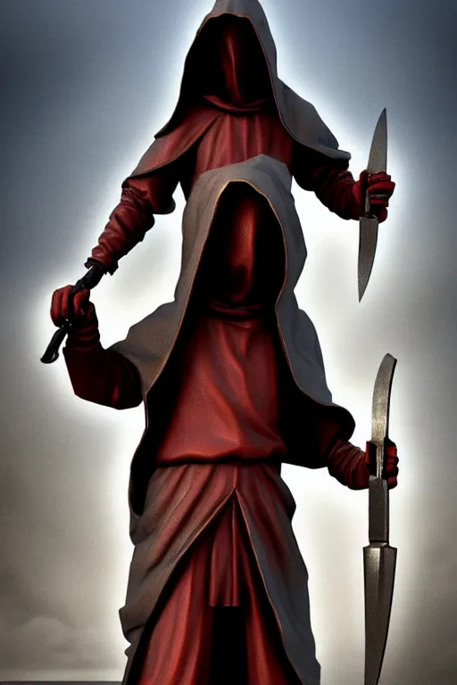 Image similar to a statue of a hooded cultist is holding a bloody knife in one hand and a tomato on the other, by patrick mcenvoy and michael komarck and fantasy flight, incredible quality, trending on artstation