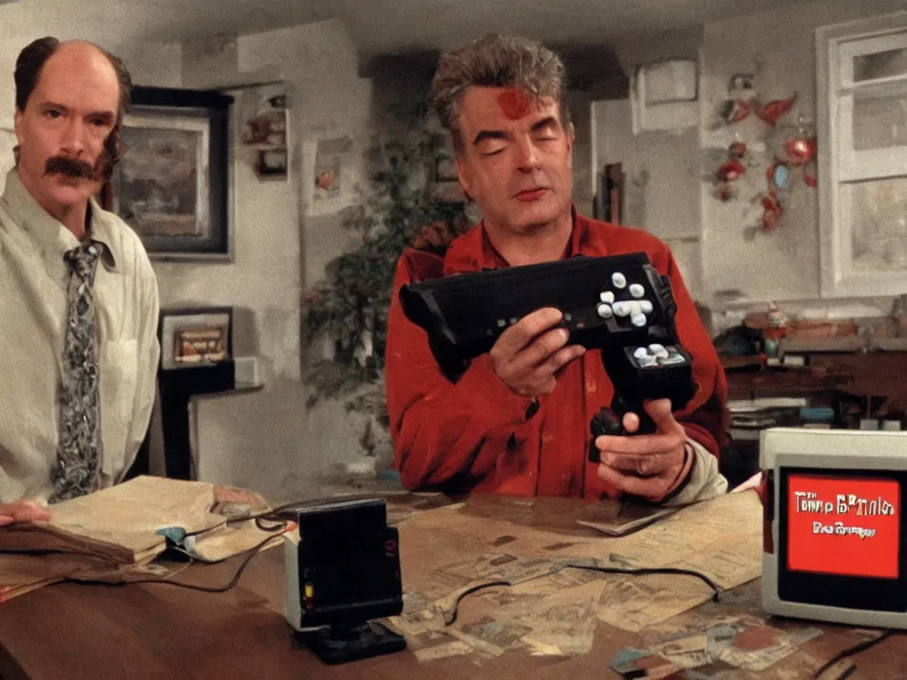 Image similar to bob from twin peaks with a nes video game console