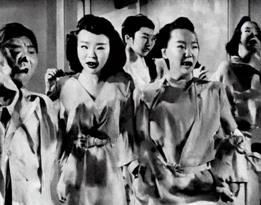 Image similar to a filmstill of pulgasari, kaiju starfish, monster movie, korean film noir, 1 9 5 0 s thriller, kim jong - il, in the style of suspiria ( 1 9 7 7 )