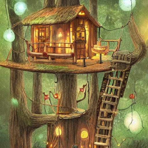 Image similar to detailed concept art of a cozy treehouse with fairy lights, in a redwood forest