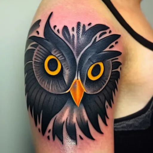 Image similar to A black tattoo of Blathers the owl from Animal Crossing