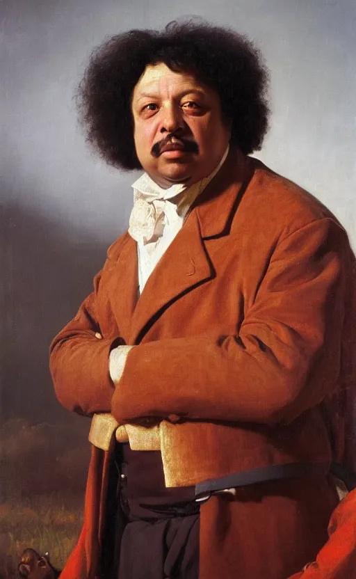 Image similar to Portrait of Alexandre Dumas, oil on canvas, highly detailed, by Kramskoy, 8k
