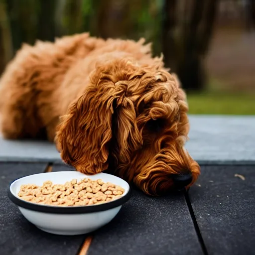 Image similar to a photograph of a goldendoodle eating dogfood, crisp