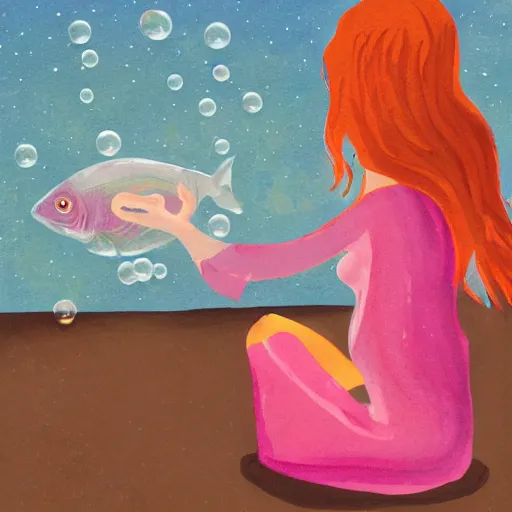 Prompt: young woman dreaming of bubbles and fish, concept art, gouache