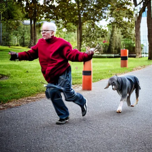 Prompt: An elderly man being chased by a sentient humanoid sausage, Canon EOS R3, f/1.4, ISO 200, 1/160s, 8K, RAW, unedited, symmetrical balance, in-frame