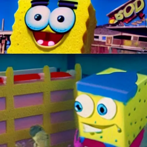 Prompt: real - life sponge bob in a pop music video