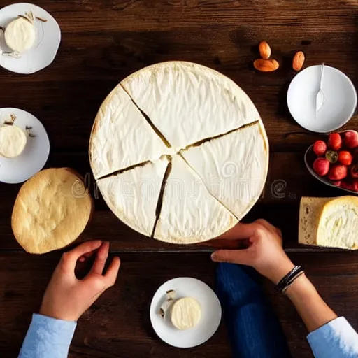 Image similar to a corporate meeting with people around a wood table looking at a huge camembert, soft lighting, high quality stock picture