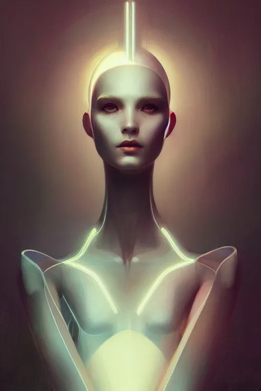 Prompt: futuristic clothing design, android mannequin character portrait, in the style of moebius, wlop, tom bagshaw, and waterhouse, cinematic lighting, beautiful, elegant, oil painting