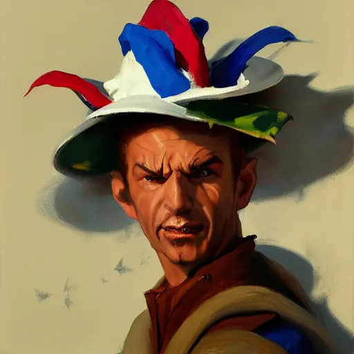 Prompt: greg manchess portrait of a jester hat, organic painting, sunny day, matte painting, bold shapes, hard edges, street art, trending on artstation, by huang guangjian, gil elvgren, ruan jia, randy vargas, greg rutkowski