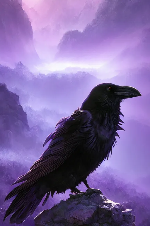 Image similar to portrait of a beautiful one raven perched on purple crystals that are glowing in a misty valley, establishing shot, extremly high detail, foto realistic, cinematic lighting, by yoshitaka amano, ruan jia, kentaro miura, artgerm, post processed, concept art, artstation, raphael lacoste, alex ross