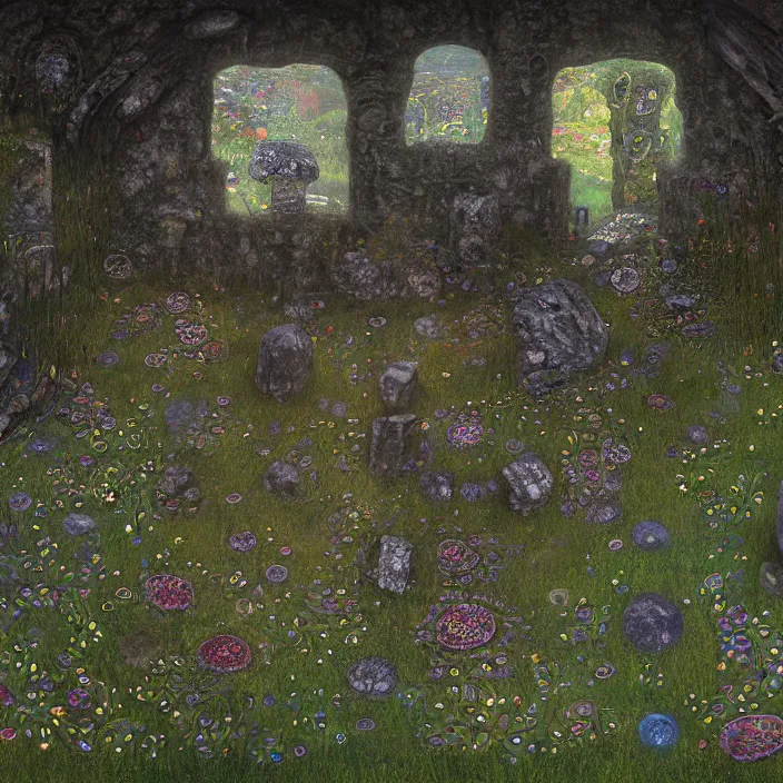 Prompt: ancient overgrown! ruins, medieval gates, runestones!, mysetrious etherial mesmerizing runic!!!, catlike, magical elven geometry, concept art by gustav klimt!, deviantart contest winner, environmental art, indigo flower meadow, fairy circles, lit by moonlight!!, high detail, intricate masterpiece