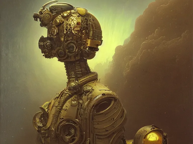 Image similar to a detailed profile oil painting of a humanoid with reflective visor, flight suit, portrait symmetrical and science fiction dieselpunk theme with aurora lighting by beksinski carl spitzweg and tuomas korpi. baroque elements, full-length view. baroque element. intricate artwork by caravaggio. Trending on artstation. 8k