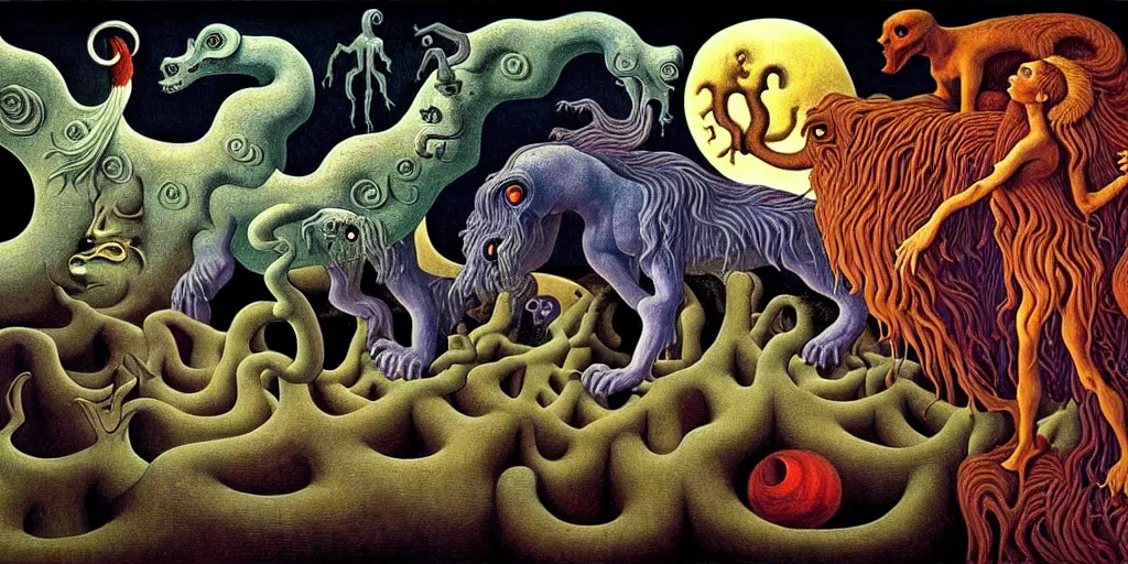 Image similar to mythical creatures and monsters in the visceral heart imaginal realm of the collective unconscious, in a dark surreal painting by johfra, mc escher and ronny khalil