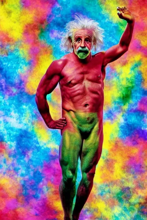 Image similar to colorful photograph of muscular albert einstein