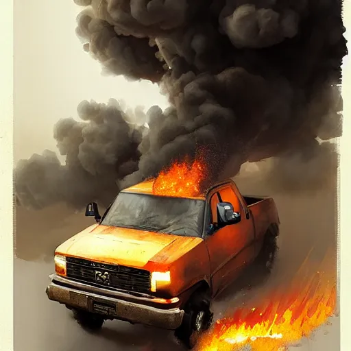 Image similar to rent - a - center truck on fire by greg rutkowski