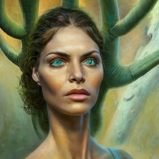 Image similar to detailed face of a woman with green eyes in a biomorphic courtyard with dna sculptures at a science expo, atmospheric, ambient, pj crook, syd mead, livia prima, artgerm, greg rutkowski, nick alm, casey baugh