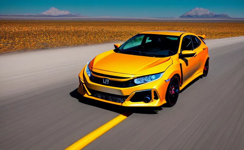 Image similar to photograph of a cell-shaded orange yellow Honda Civic EK9 Type-R, speeding on a desert road with a futuristic city in the horizon, kicking up dirt, action shot, sigma 85mm f/1.4, 4k, depth of field, high resolution, 4k, 8k, hd, full color