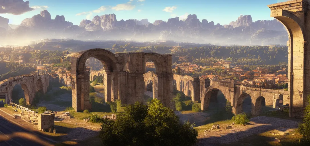 Prompt: epic view of giant roman aqueduct over beautiful italian city, clear blue skies, mountains and hills in the far background distance, unreal engine, dramatic lighting, detailed, ambient occlusion, global illumination, god rays, 3 d artstation render by greg rutowski and jessica rossier