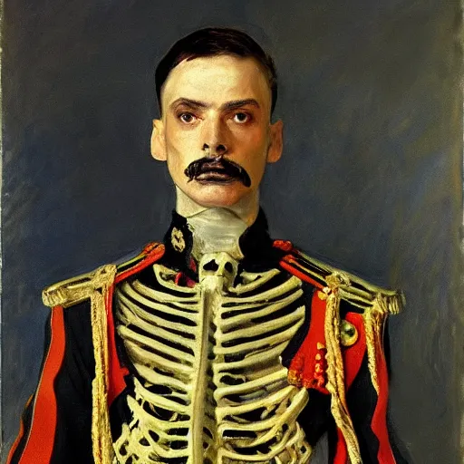 Image similar to A portrait of a skeleton in a Russian Tsar's uniform, painted by John Singer Sargent