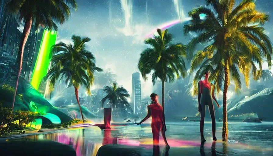 Image similar to science fiction landscape, glowing woman from the future, colorful creatures and neon green palm trees, soft rainbow in the background, shape shifting water, falling stars, deviant art, unreal engine, realistic shading, realistic render, octane render, detailed textures, photorealistic, wide shot