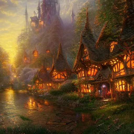 Prompt: Intricate five star Fairy Village by Greg rutkowski and Thomas Kinkade, oil on canvas, HDR, high detail, Photo realistic, hyperrealism,matte finish, high contrast, 3d depth, masterpiece, vivid and vibrant colors, enhanced light effect, enhanced eye detail,artstationhd