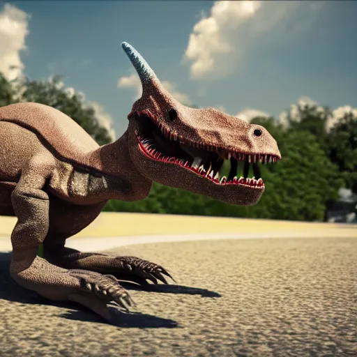 Image similar to Octane render of a silly dinosaur riding a bike outside, 8k, very intricate, very detailed,